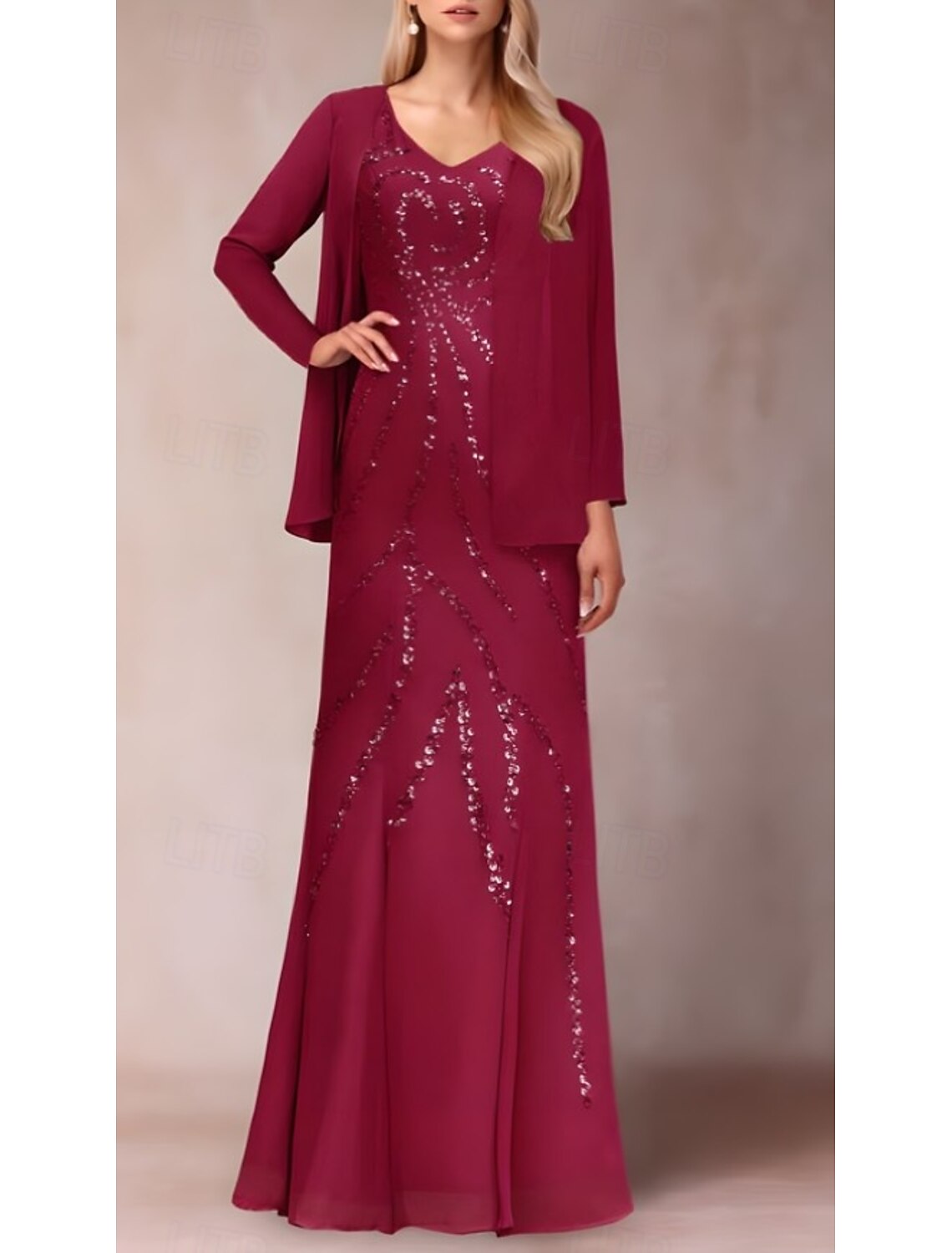 Buyishang Two Piece Sheath / Column Dress Suit Mother of the Bride Dress Elegant Sparkle & Shine V Neck Floor Length Chiffon Sequined Short Sleeve with Sequin
